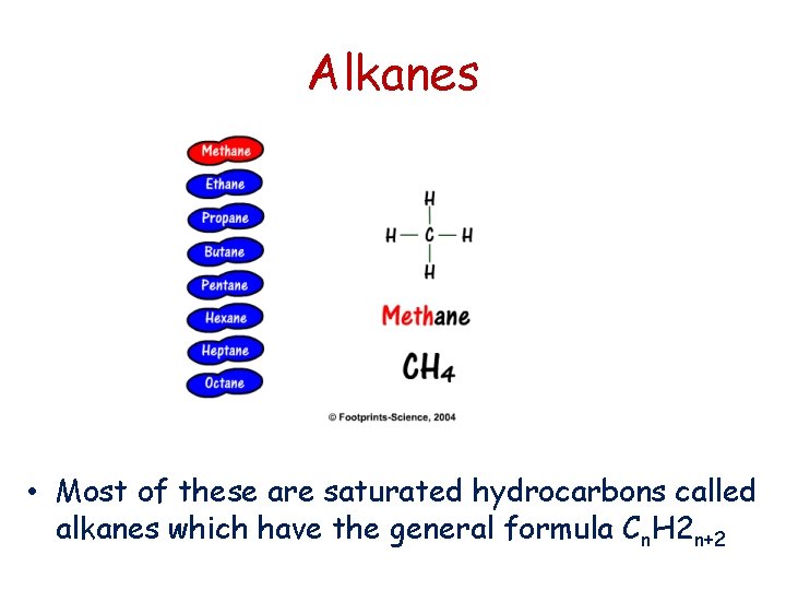 Alkanes • Most of these are saturated hydrocarbons called alkanes which have the general