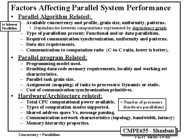 Factors Affecting Parallel System Performance • Parallel Algorithm Related: i. e Inherent Parallelism –