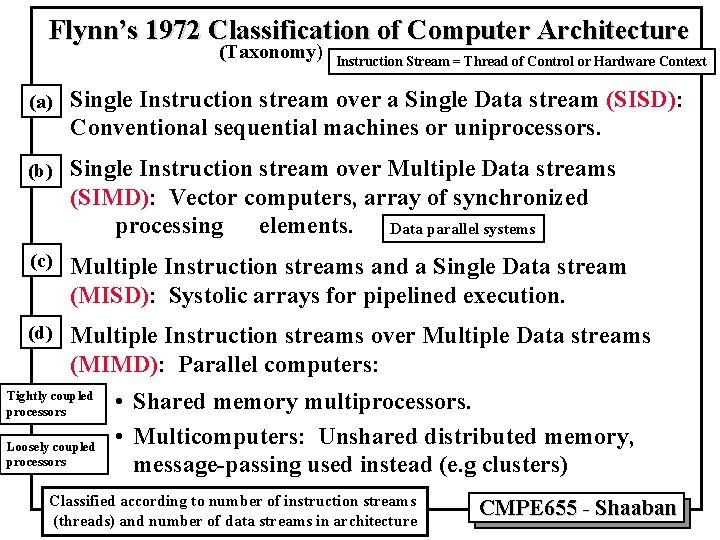 Flynn’s 1972 Classification of Computer Architecture (Taxonomy) Instruction Stream = Thread of Control or