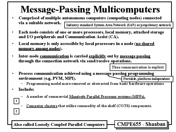 Message-Passing Multicomputers • Comprised of multiple autonomous computers (computing nodes) connected via a suitable