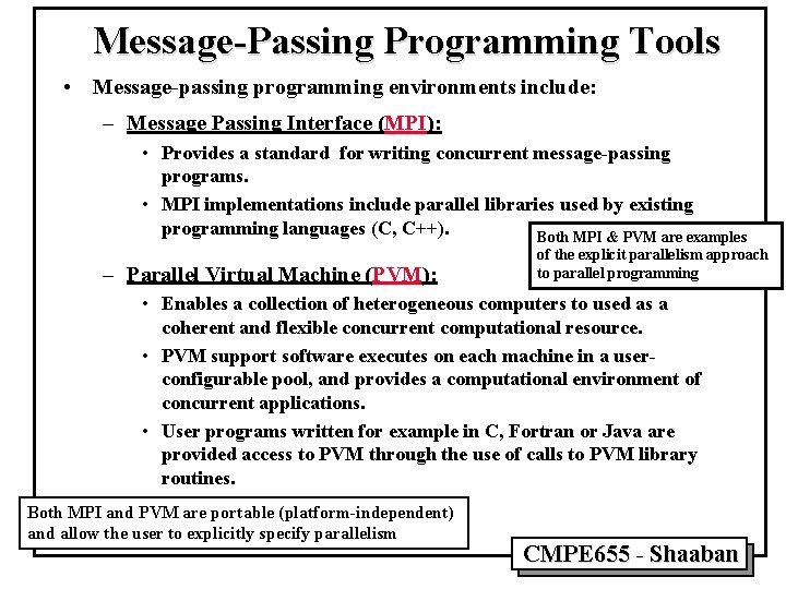 Message-Passing Programming Tools • Message-passing programming environments include: – Message Passing Interface (MPI): •