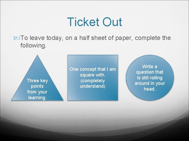 Ticket Out To leave today, on a half sheet of paper, complete the following.