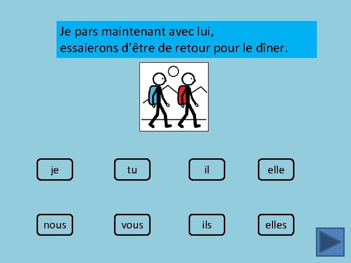 Je pars maintenant avec lui, essaierons d’être de retour pour le dîner. je tu