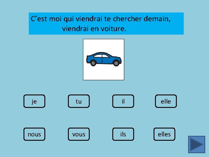 C’est moi qui viendrai te cher demain, viendrai en voiture. je tu il elle