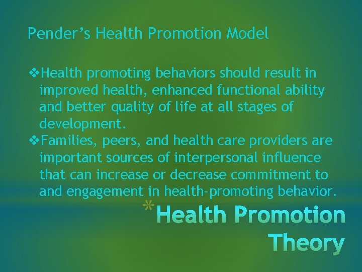 Pender’s Health Promotion Model v. Health promoting behaviors should result in improved health, enhanced