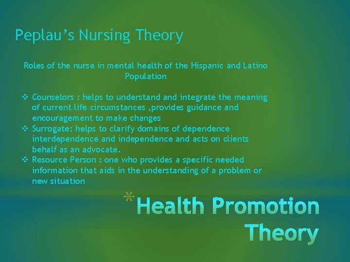 Peplau’s Nursing Theory Roles of the nurse in mental health of the Hispanic and