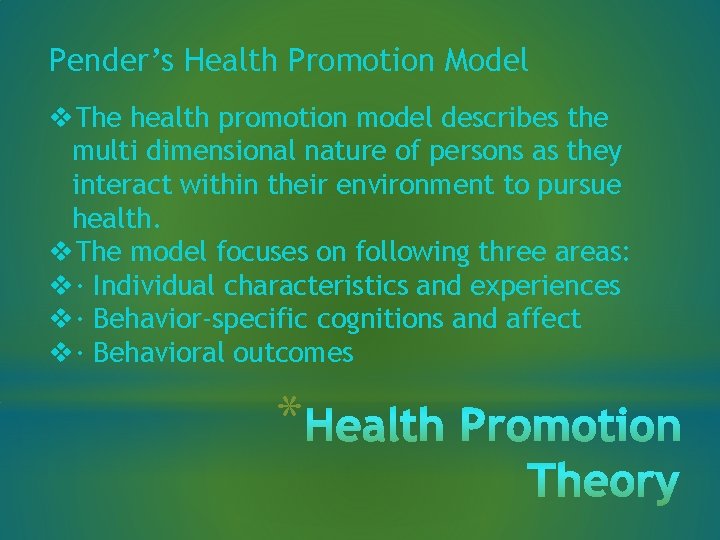 Pender’s Health Promotion Model v. The health promotion model describes the multi dimensional nature