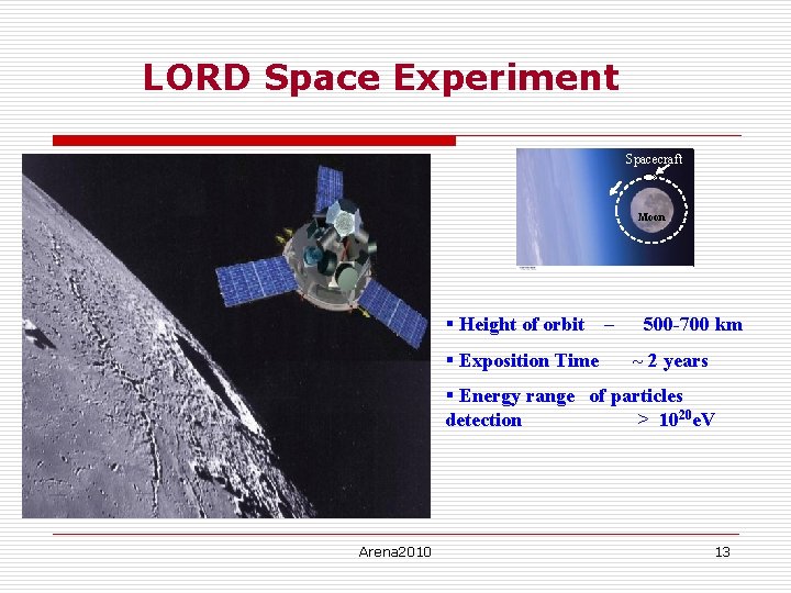 LORD Space Experiment Spacecraft Moon § Height of orbit – § Exposition Time 500