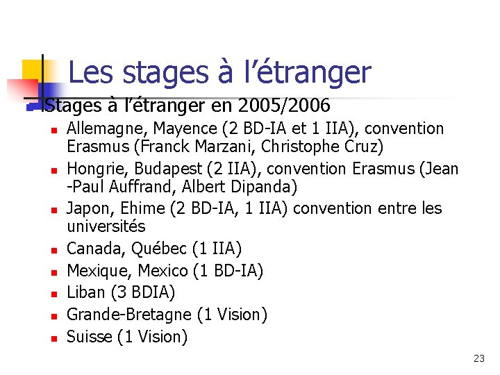 Les stages à l’étranger n Stages à l’étranger en 2005/2006 n n n n Les stages à l’étranger n Stages à l’étranger en 2005/2006 n n n n
