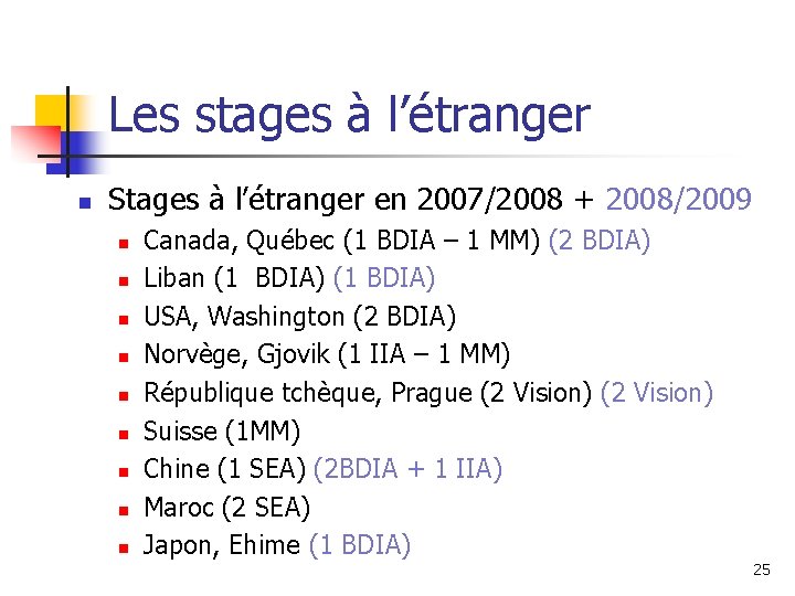 Les stages à l’étranger n Stages à l’étranger en 2007/2008 + 2008/2009 n n Les stages à l’étranger n Stages à l’étranger en 2007/2008 + 2008/2009 n n