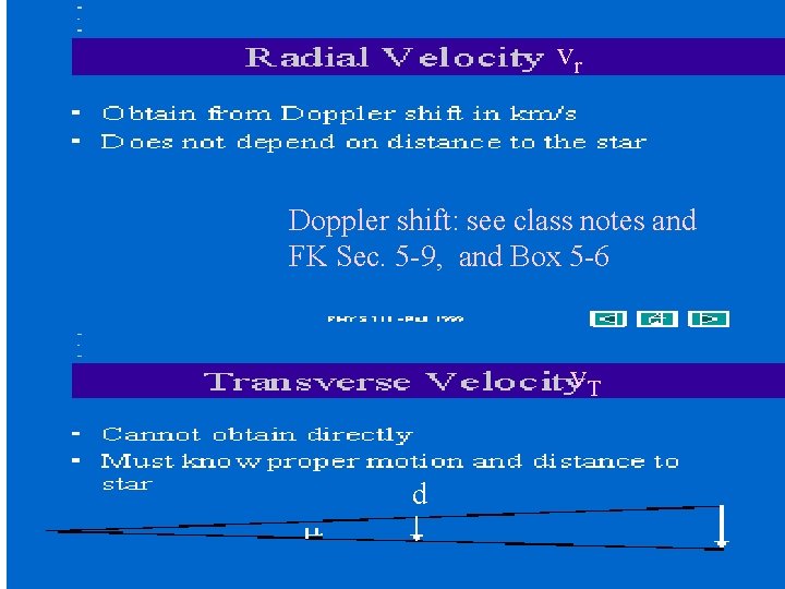 vr Doppler shift: see class notes and FK Sec. 5 -9, and Box 5