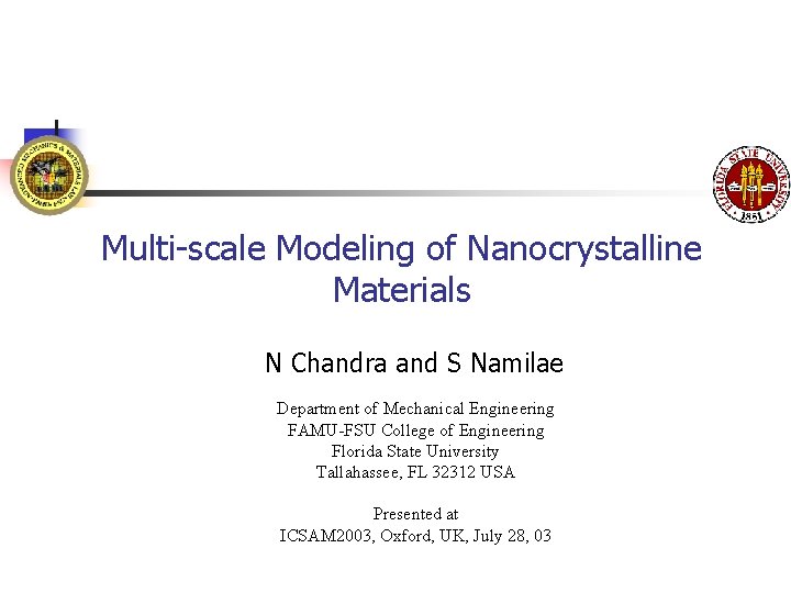 Multi-scale Modeling of Nanocrystalline Materials N Chandra and S Namilae Department of Mechanical Engineering