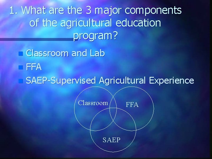 1. What are the 3 major components of the agricultural education program? Classroom and