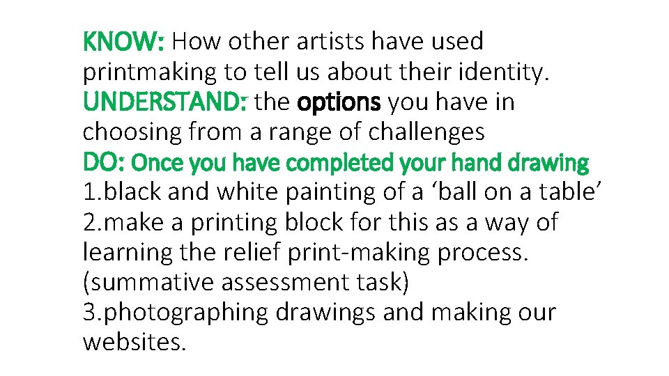 KNOW: How other artists have used printmaking to tell us about their identity. UNDERSTAND: KNOW: How other artists have used printmaking to tell us about their identity. UNDERSTAND: