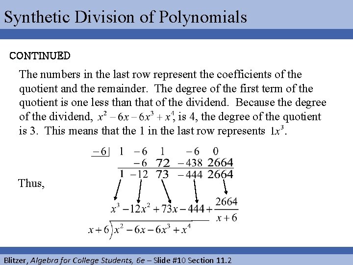 Synthetic Division of Polynomials CONTINUED The numbers in the last row represent the coefficients