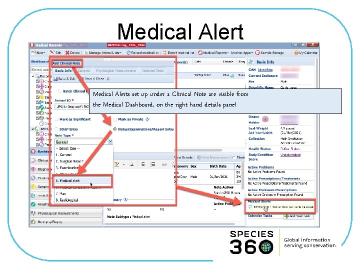 Medical Alerts set up under a Clinical Note are visible from the Medical Dashboard,