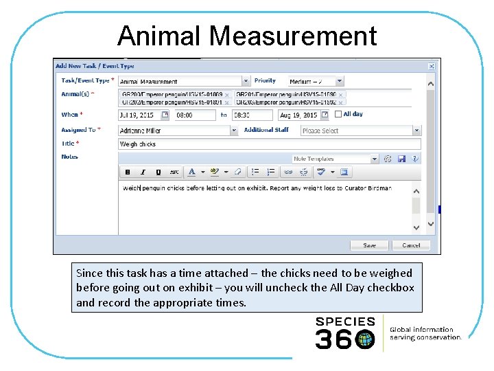 Animal Measurement Since this task has a time attached – the chicks need to