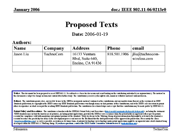 January 2006 doc. : IEEE 802. 11 -06/0213 r 0 Proposed Texts Date: 2006