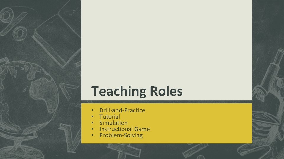 Teaching Roles • • • Drill-and-Practice Tutorial Simulation Instructional Game Problem-Solving 