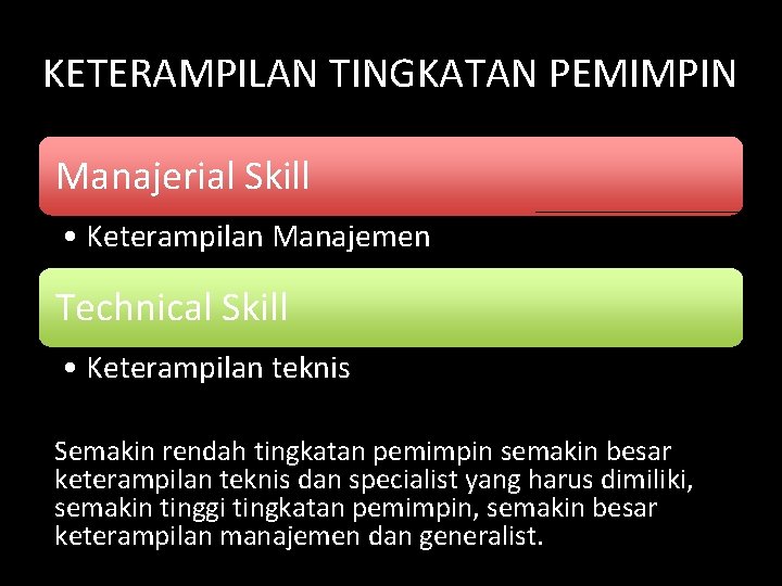 KETERAMPILAN TINGKATAN PEMIMPIN Manajerial Skill • Keterampilan Manajemen Technical Skill • Keterampilan teknis Semakin KETERAMPILAN TINGKATAN PEMIMPIN Manajerial Skill • Keterampilan Manajemen Technical Skill • Keterampilan teknis Semakin