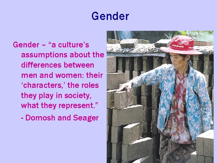 Gender – “a culture’s assumptions about the differences between men and women: their ‘characters,