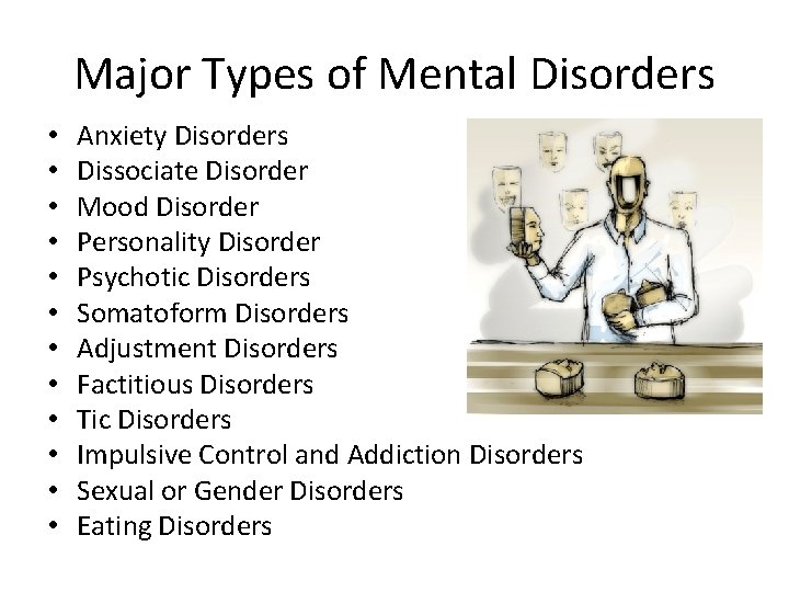 Major Types of Mental Disorders • • • Anxiety Disorders Dissociate Disorder Mood Disorder