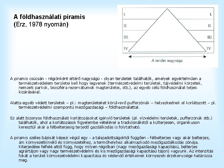 A földhasználati piramis (Erz, 1978 nyomán) A piramis csúcsán - régiónként eltérő nagyságú -