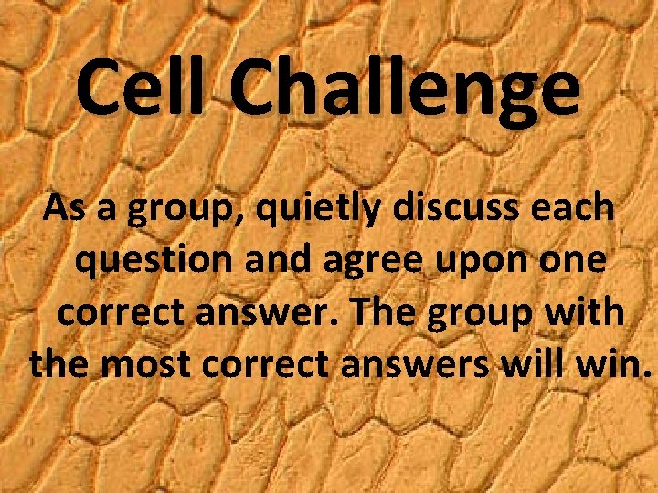 Cell Challenge As a group, quietly discuss each question and agree upon one correct
