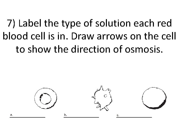 7) Label the type of solution each red blood cell is in. Draw arrows