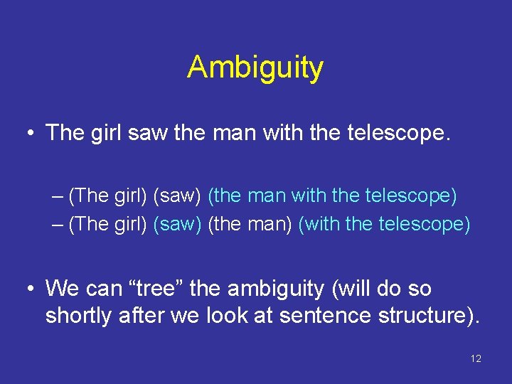 Ambiguity • The girl saw the man with the telescope. – (The girl) (saw)
