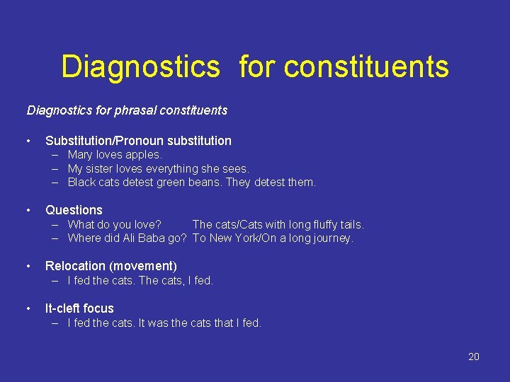 Diagnostics for constituents Diagnostics for phrasal constituents • Substitution/Pronoun substitution – Mary loves apples.