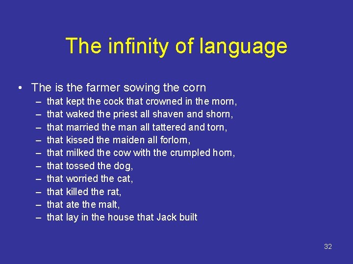 The infinity of language • The is the farmer sowing the corn – –