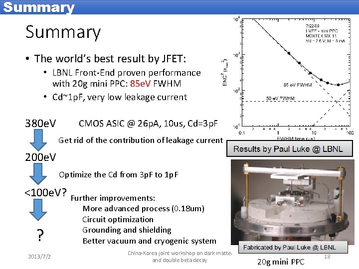 Summary • The world’s best result by JFET: • LBNL Front-End proven performance with