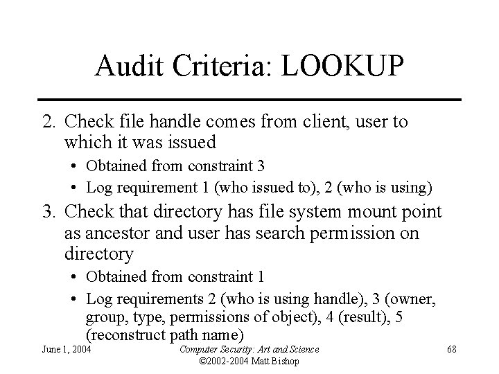 Audit Criteria: LOOKUP 2. Check file handle comes from client, user to which it