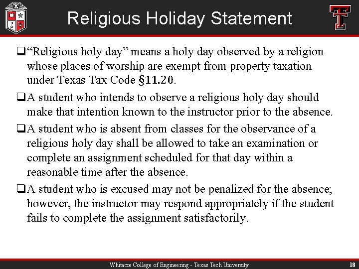 Religious Holiday Statement q“Religious holy day” means a holy day observed by a religion