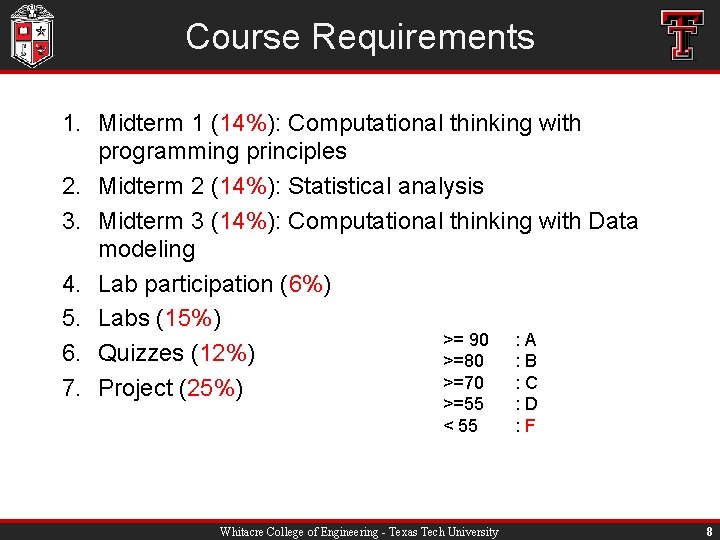 Course Requirements 1. Midterm 1 (14%): Computational thinking with programming principles 2. Midterm 2
