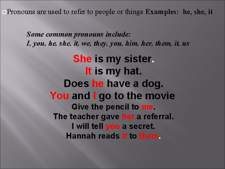  Pronouns are used to refer to people or things Examples: he, she, it