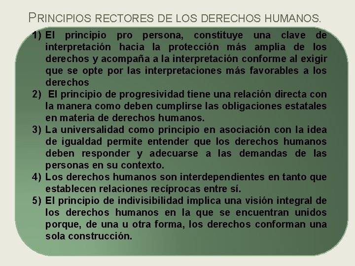 PRINCIPIOS RECTORES DE LOS DERECHOS HUMANOS. 1) El principio pro persona, constituye una clave