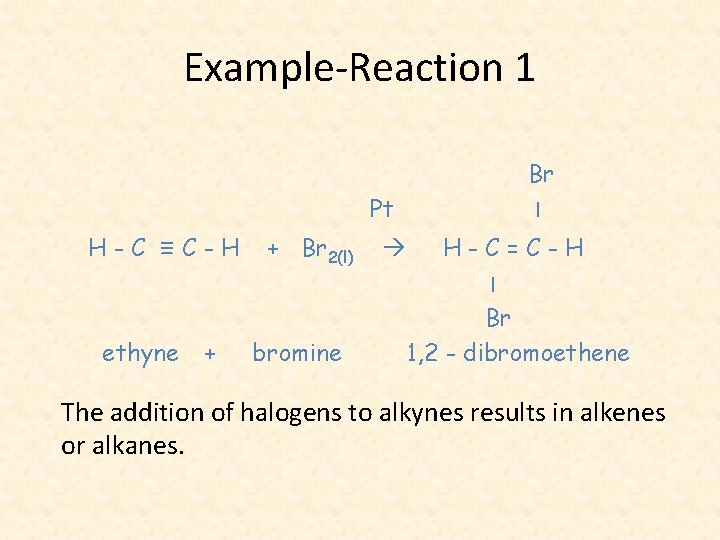 Example-Reaction 1 Pt H-C ≡C-H ethyne + + Br 2(l) bromine Br I H-C=C-H