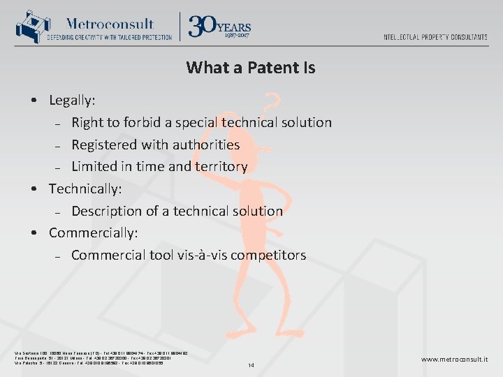 What a Patent Is • Legally: – Right to forbid a special technical solution