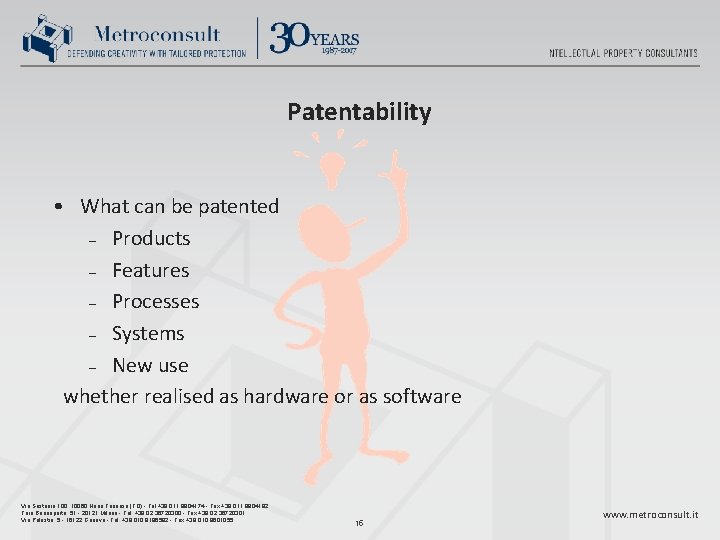 Patentability • What can be patented – Products – Features – Processes – Systems