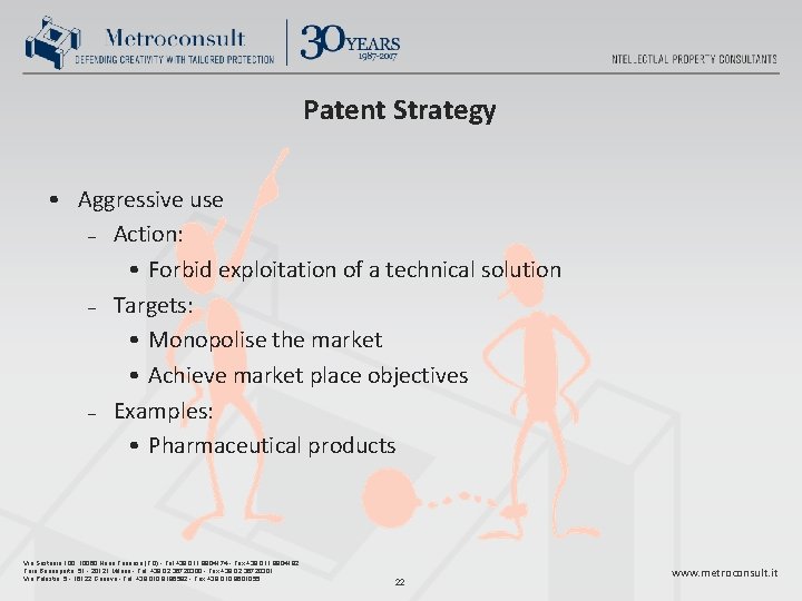 Patent Strategy • Aggressive use – Action: • Forbid exploitation of a technical solution