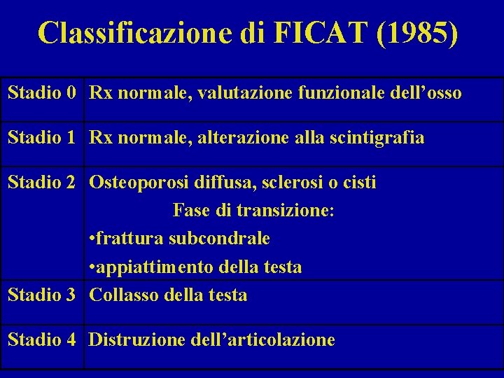 Classificazione di FICAT (1985) Stadio 0 Rx normale, valutazione funzionale dell’osso Stadio 1 Rx