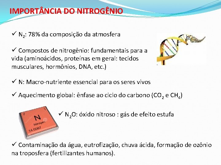 IMPORT NCIA DO NITROGÊNIO ü N 2: 78% da composição da atmosfera ü Compostos