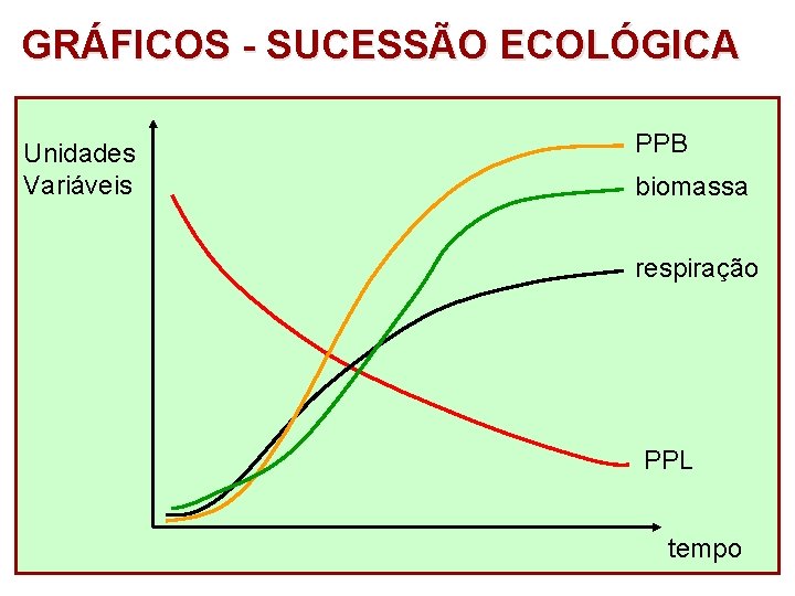 GRÁFICOS - SUCESSÃO ECOLÓGICA Unidades Variáveis PPB biomassa respiração PPL tempo 