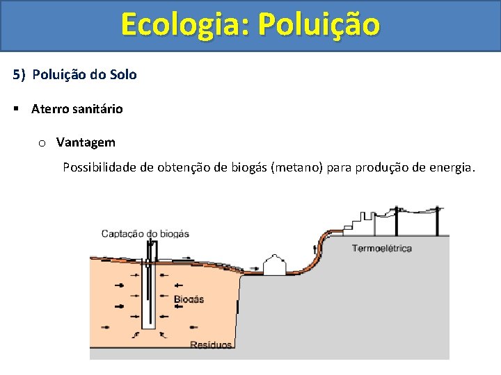 Ecologia: Poluição 5) Poluição do Solo § Aterro sanitário o Vantagem Possibilidade de obtenção