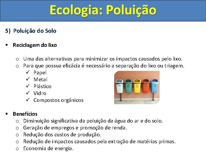 Ecologia: Poluição 5) Poluição do Solo § Reciclagem do lixo o Uma das alternativas