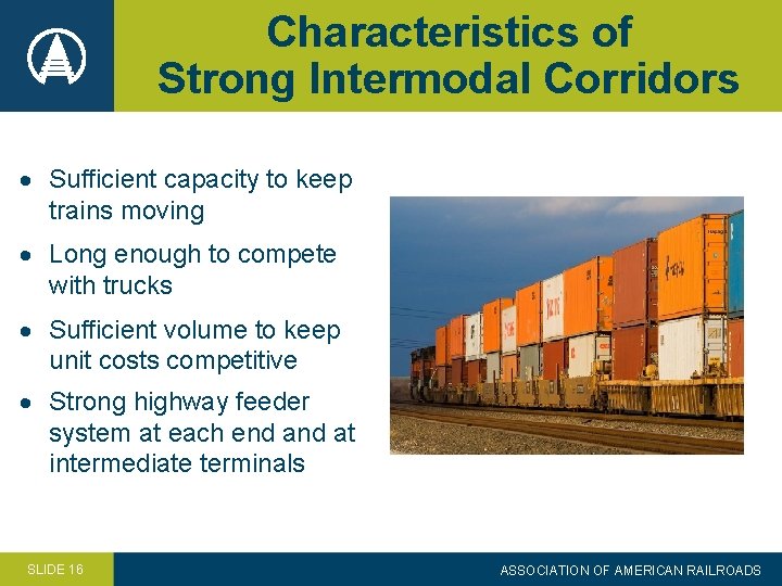 Characteristics of Strong Intermodal Corridors Sufficient capacity to keep trains moving Long enough to