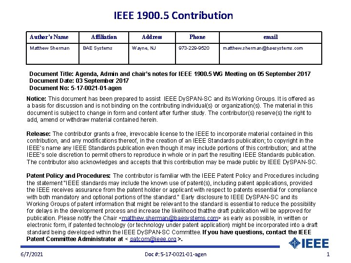 IEEE 1900. 5 Contribution Author’s Name Matthew Sherman Affiliation BAE Systems Address Wayne, NJ