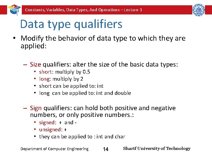 Constants, Variables, Data Types, And Operations – Lecture 3 Data type qualifiers • Modify